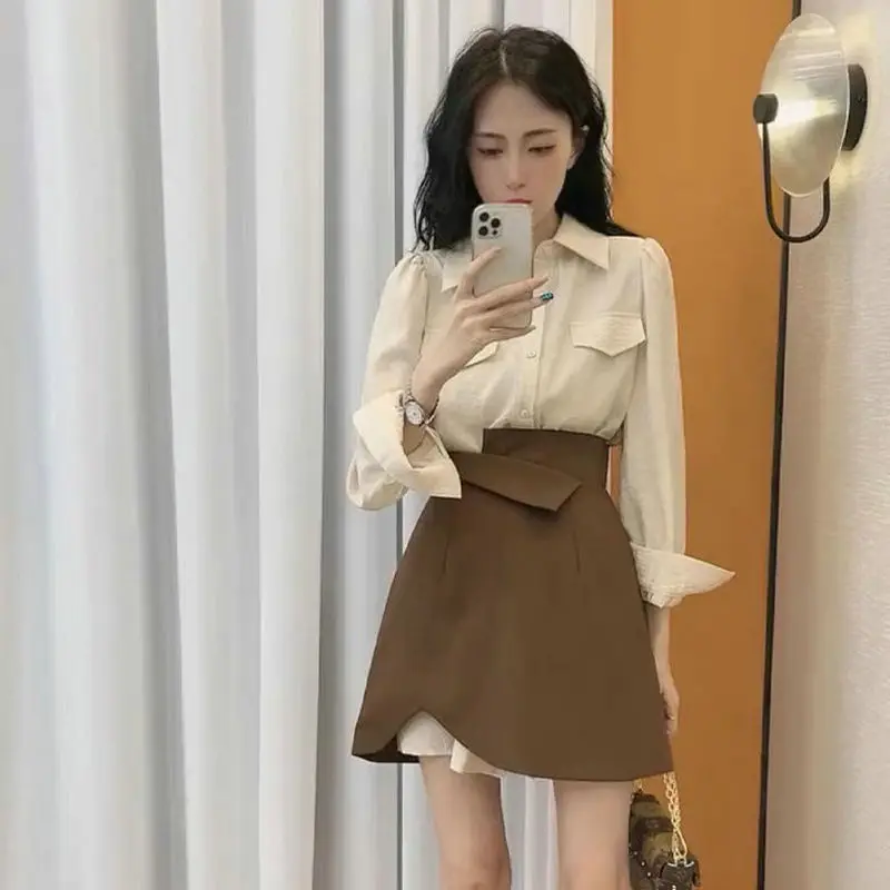 Girl Autumn Winter 2022 A-LINE Casual Preppy Style solid color wavy high waist thin Asymmetrical Mini skirt Chinese Size S-2XL