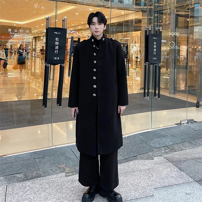 Мужское шерстяное пальто PFHQ на осень и зиму Длинная ветровка толстая 2024 темная