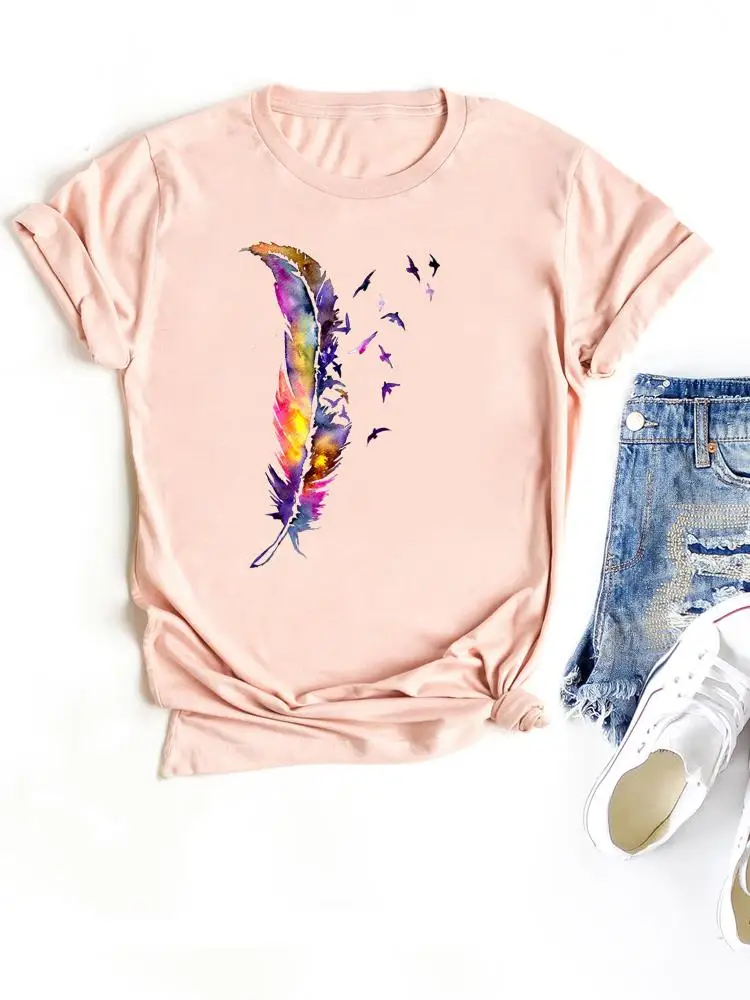 

Feather Lovely Print T-shirts Clothing Women T Clothes Short Sleeve 90s Painting Ladies Casual Fashion Female Graphic Tee