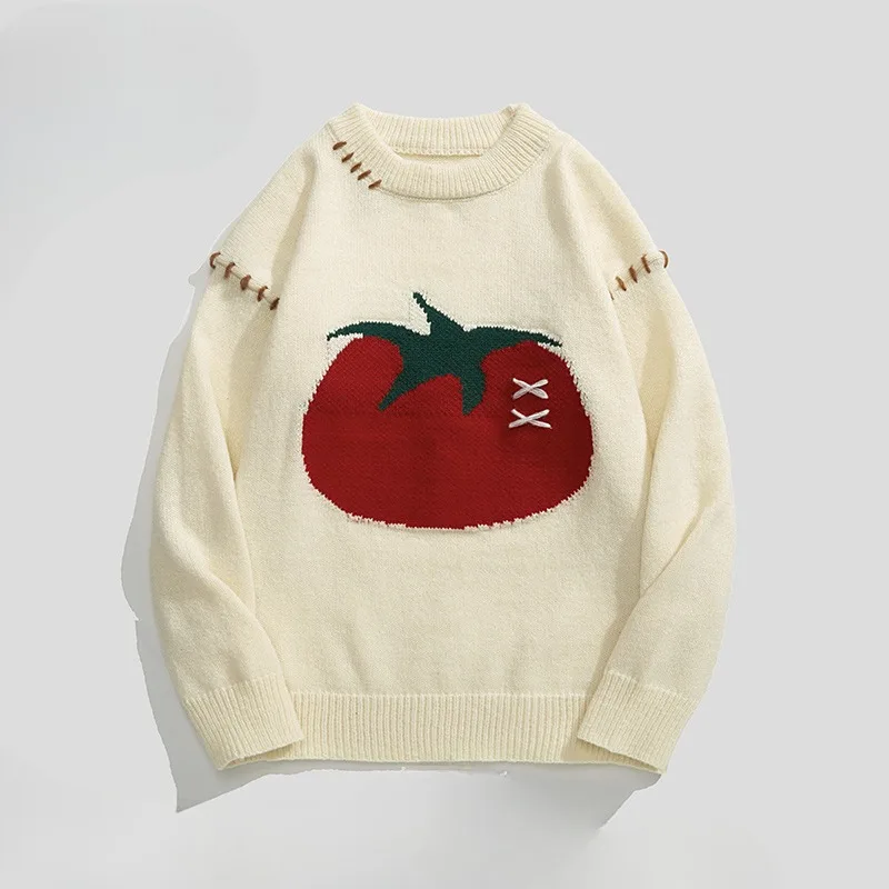Свитера женские с длинным рукавом круглым вырезом рисунком помидоров милые