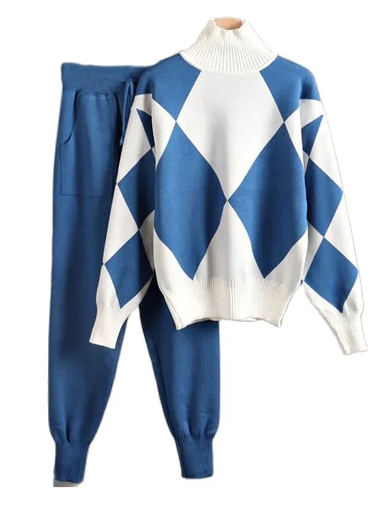 

Элегантный вязаный женский комплект из 2 предметов, женская уличная одежда, шикарный клетчатый свитер с высоким воротником и брюки для бега,...