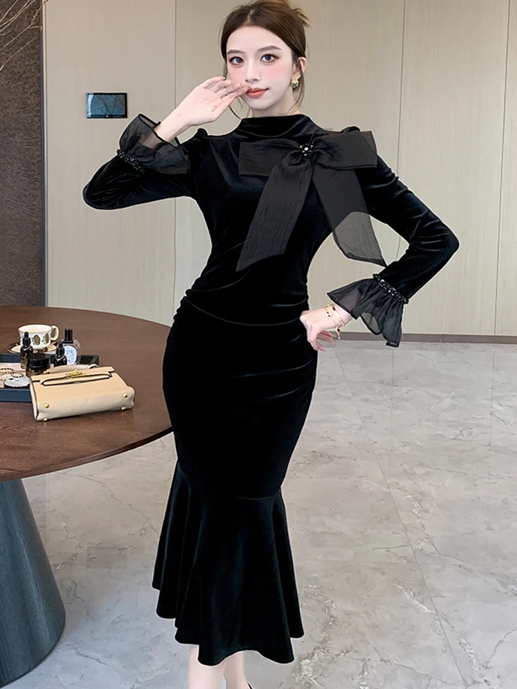 Темпераментные элегантные черные бархатные вечерние платья для женщин милое