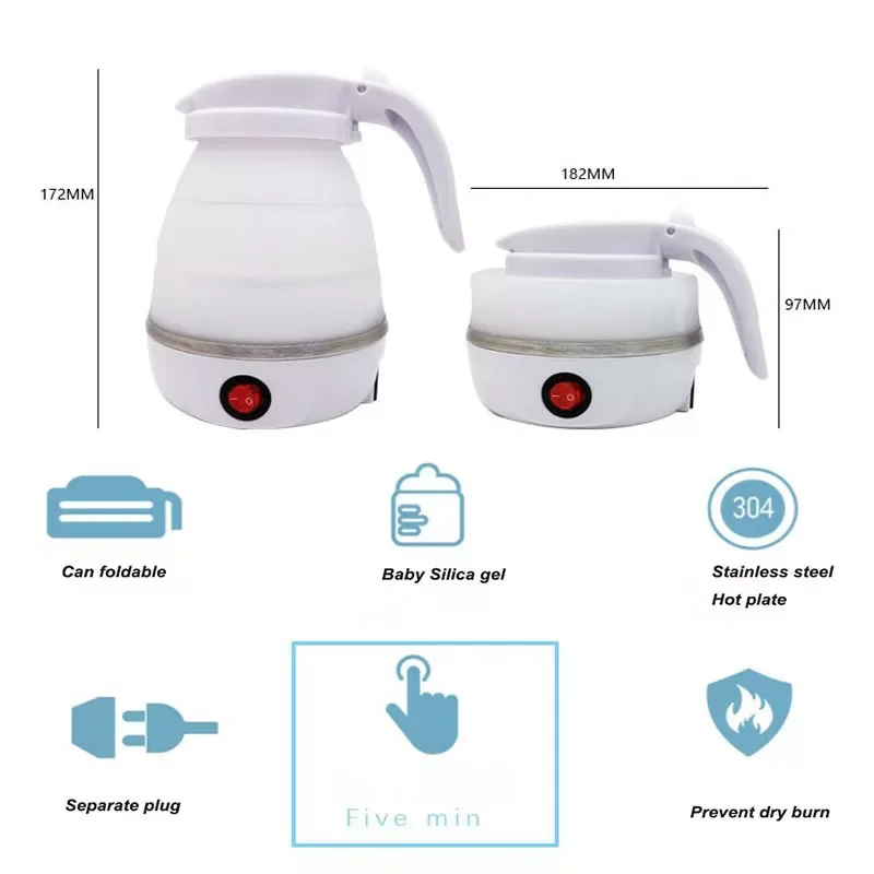 

110/220v 0.6L Electric Kettle Silicone Foldable Portable Travel Camping Water Boiler Adjustable Voltage Home Electric Appliance