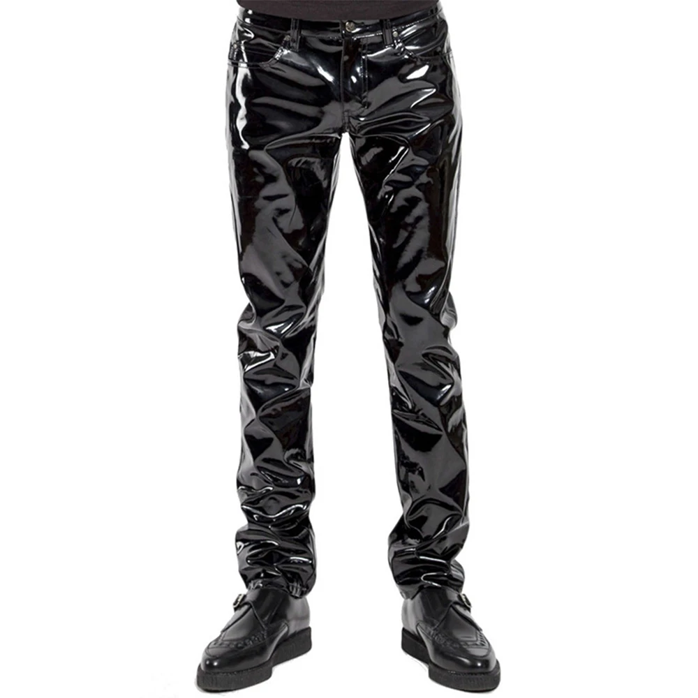 

Men Sexy Patent Leather Zip Straight Trousers Glossy Skinny Performance Pants Stage Club Motorcyle Biker Pants Wet Look Clubwear