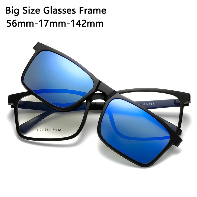 Magnetic Clip-on Glasses Polarized Sunglasses Men Fashion TR90 Square Black Frame Big Size Optical Prescription Eyeglasses 2124