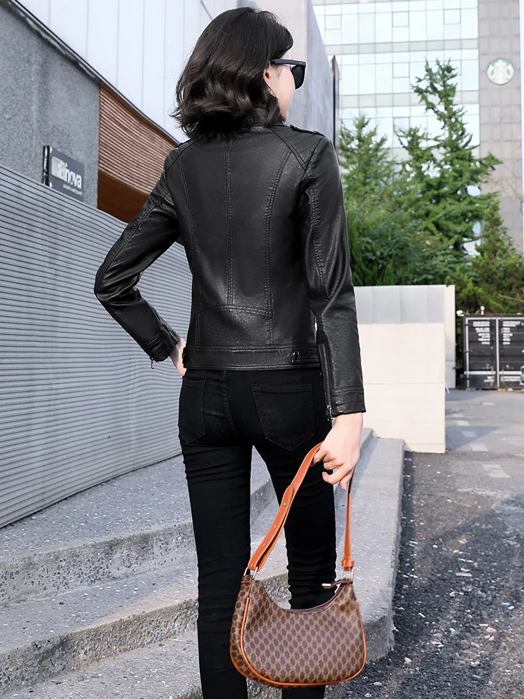 New Women Short Moto Leather Jacket Spring Autumn Fashion Turn-down Collar Slim Waist Sheepskin Jacket Split Leather Biker Coat