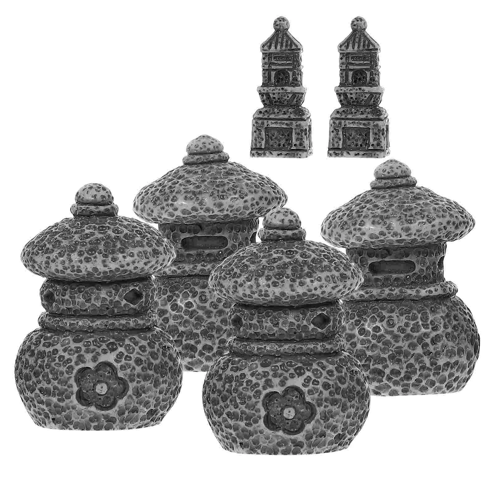 

6 Pcs Pagoda Statue Mini Garden Ornaments Miniature Vintage Tiny Small Decor Tabletop Resin Crafts