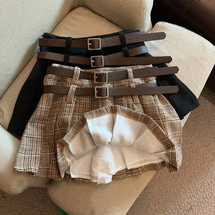 

Houndstooth Plaid Autumn Pleated Skirts Women with Double Belt Vintage Mini Skirt Shorts Streetwear Sexy Clubwear Designer
