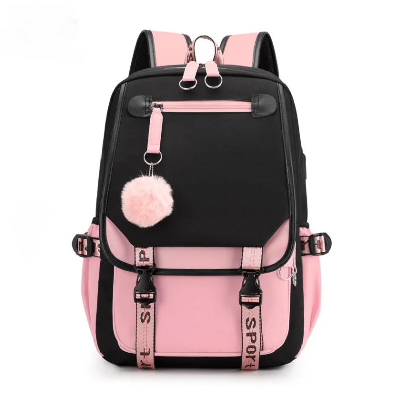 large school bags for teenage girls USB port canvas schoolbag student book bag fashion black pink teen school backpack