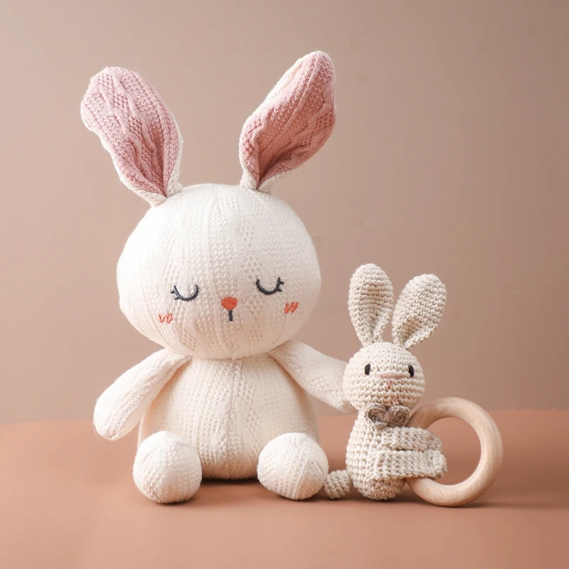 

Newborn Baby Rattles Cute Cartoon Animal Rabbit Grab Ability Training Toys Infant Bell Toy Original Wood Crochet Hook Knitted