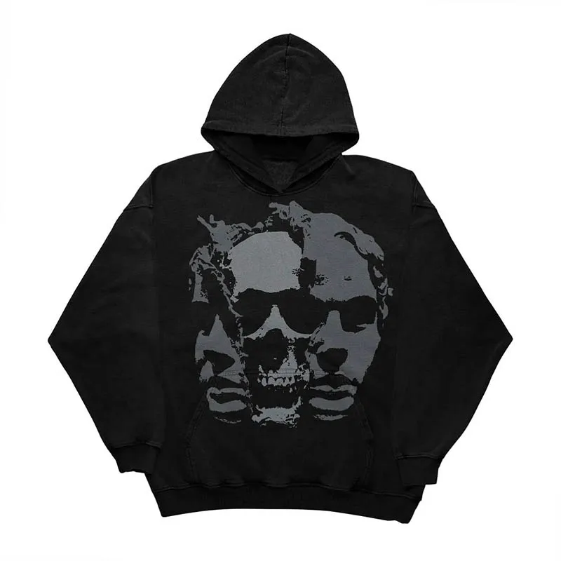 Свитшот с капюшоном в стиле хип-хоп Мужская Уличная одежда принтом черепа
