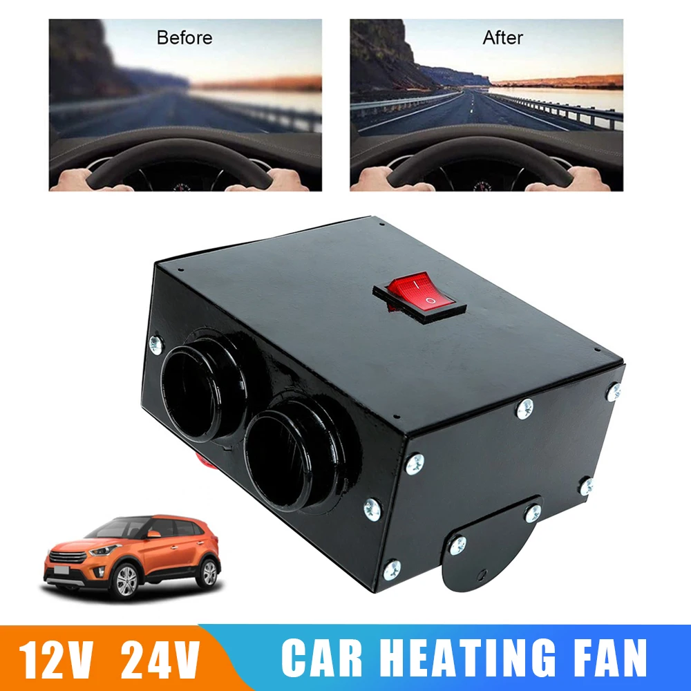 

600W Car Heater Double Air Outlets 12V/24V Auto Heating Fan Rapid Heating with Switch Defrosting Defogging Winter Car Fan Tool