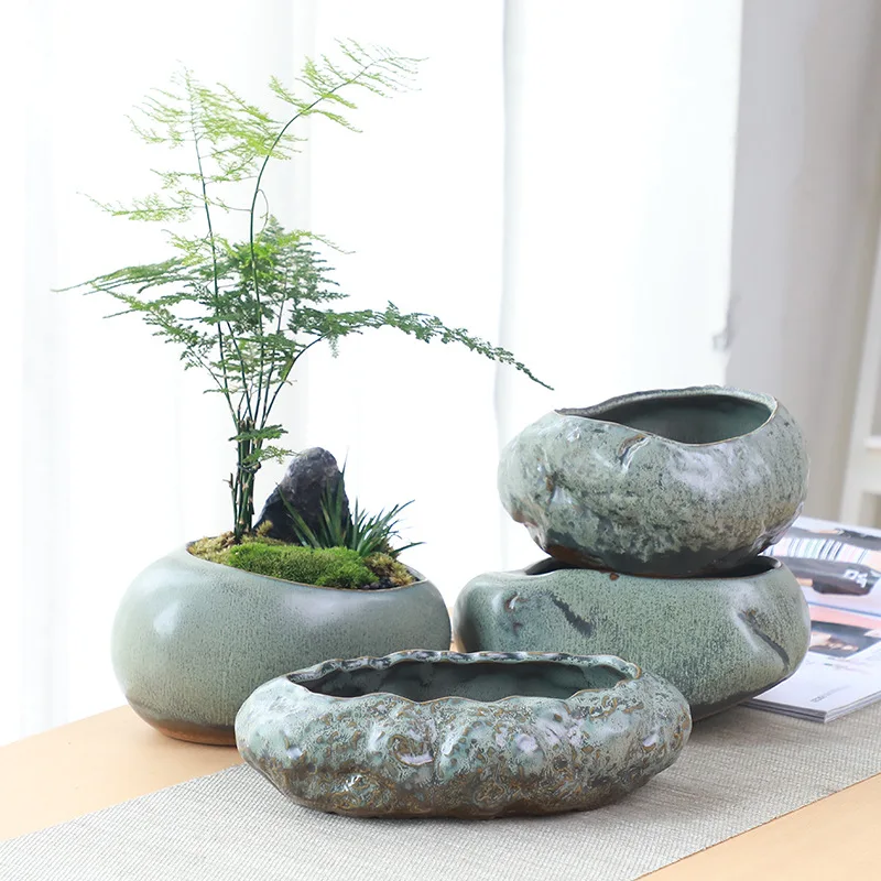 

Retro Ceramic Flower Pot Creative Desktop Office Home Succulent Green Planted Bamboo Bowl Utensils Chinese Pastoral