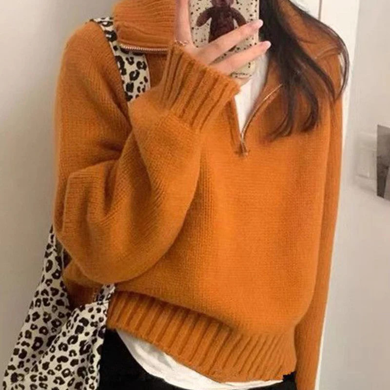 Осень/зима новый однотонный свободный популярный пуловер с отложным воротником