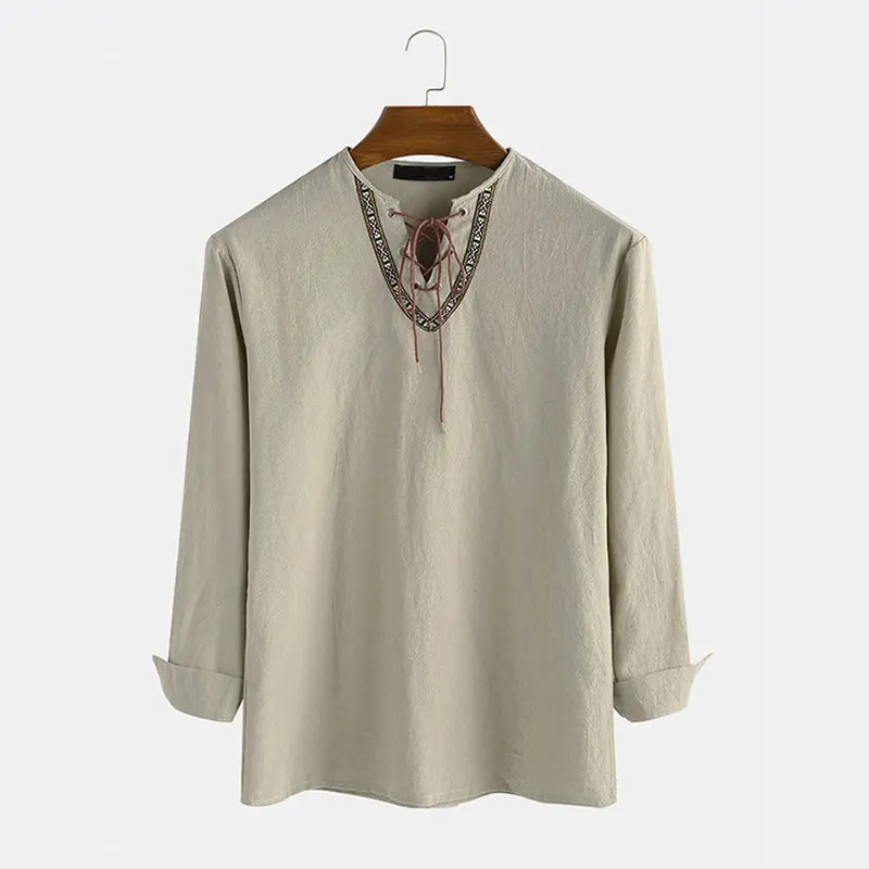 summer autumn new European and American cotton and linen half-open collar men's long-sleeved shirts loose V-neck men's tops