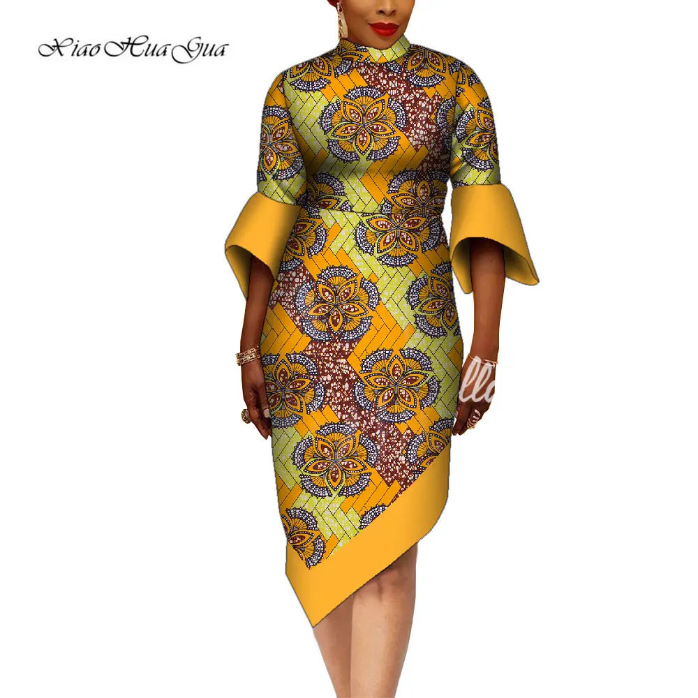 African Women Dress Ankara Stand Neck Flare Sleeve High Waist Midi Dress Bodycone Africaine Wax Print Dresses for Women WY9337