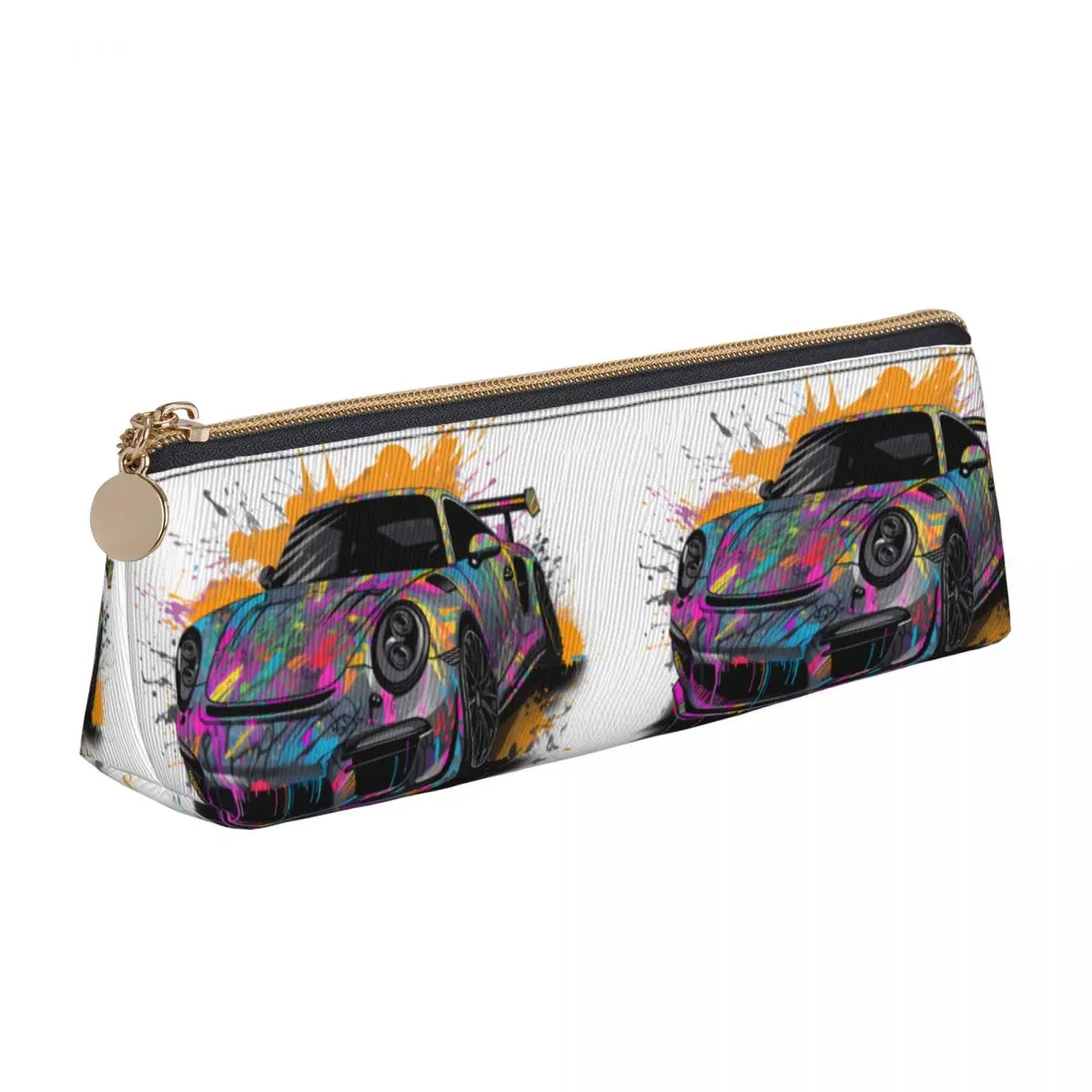 

Classic Sports Car Triangle Pencil Case Grafitti Psychadelic For Teens College Zipper Pencil Box Retro Leather Pen Organizer