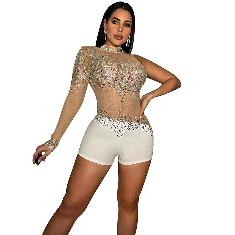 Sheer Mesh Jumpsuit 2023 Elastic One Shoulder Party Rompers And Jumpsuits For Women Long Sleeve One Piece Romper Fashion Sexy