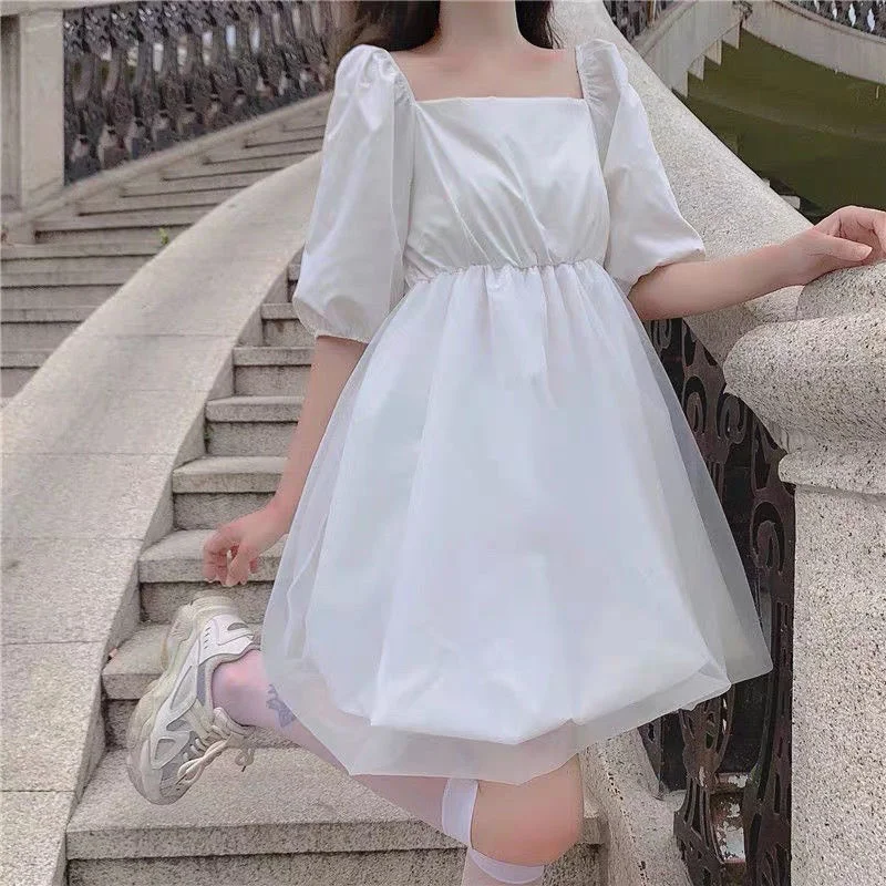 

2022 Summer Vintage Bubble Sleeve Midi Dress Chic And Elegant Dresses For WomenTunic Streetwear Frocks Women's Fashion Dresses