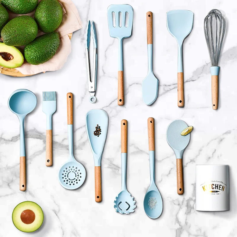 

8-13PCS Sets NonStick Blue Cookware Set Silicone Wooden Handle Cooking Set Spatula Oil Brush Kitchen Tool Gadgets Accessories