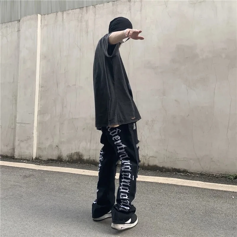 Men's Y2K Clothes High Street Streetwear Letters Embroidery Casual Baggy Jeans Men Straight Ripped Trousers Denim Wide Leg Pants