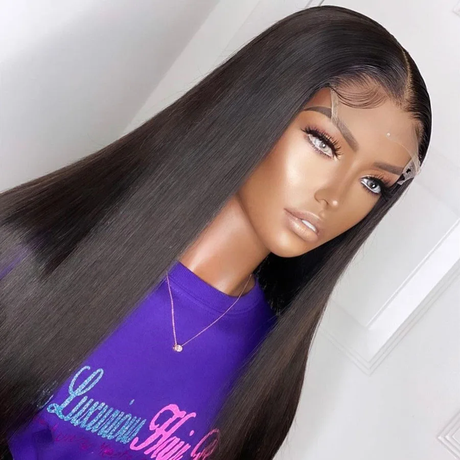 180%Density 26Inch Long Remy Straight Synthetic Lace Front Wig For Black Women With Baby Hair Heat Resistant Fiber Daily Wig