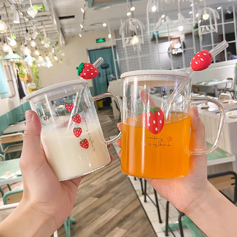 

Korean Style Cute Strawberry Drink Glass Girl Heart With Lid Straw Cups Literary Small Fresh Female Student Home Milk Water Cup