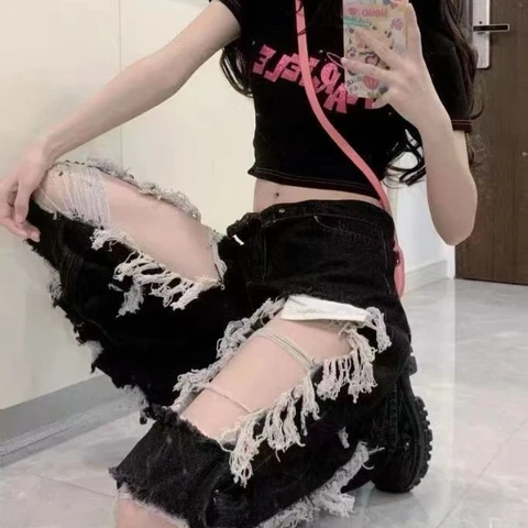Summer Ripped Jeans for Women Wide-leg Pants Streetwear High Cotton Old-fashioned Waist Straight Jeans Women Look Thin Tassel
