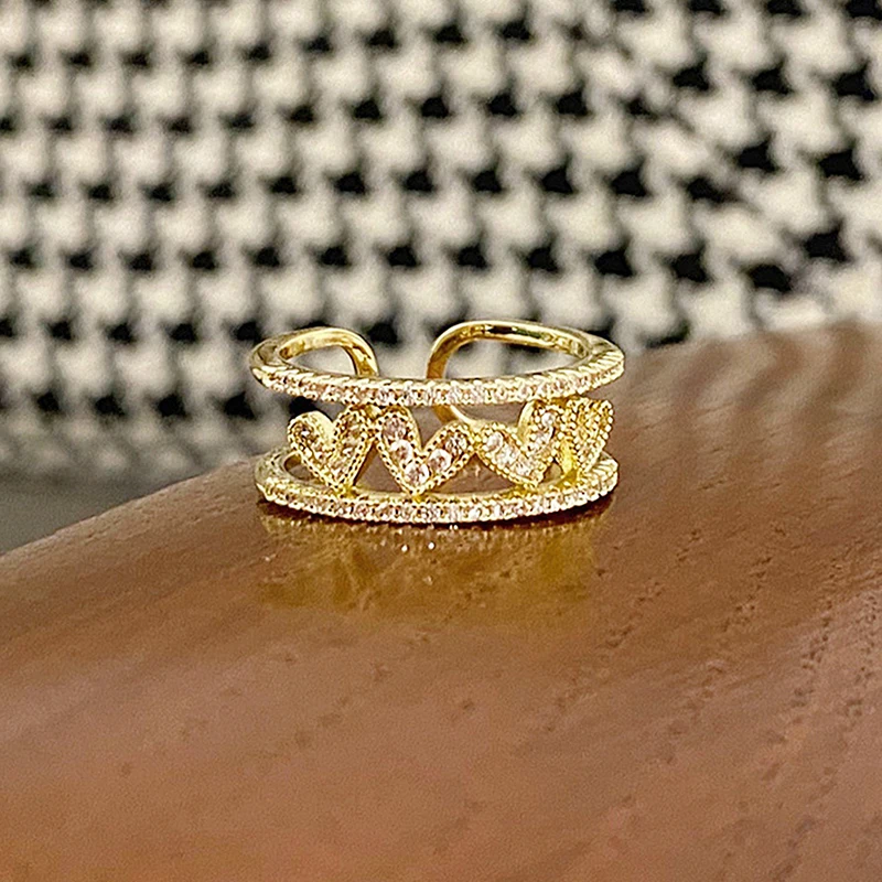 

Cute Gold Color Double Layers Shine Love Heart Ring for Women Elegant Micro Inlaid Cubic Zircon Charm Bague Anillos Pendant Gift