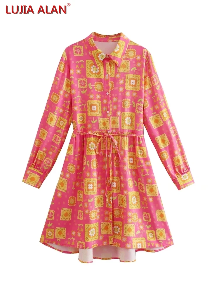 

Women Digital Print Square Collar Shirt Dress Summer Female Long Sleeve Loose Vestidos LUJIA ALAN WD057
