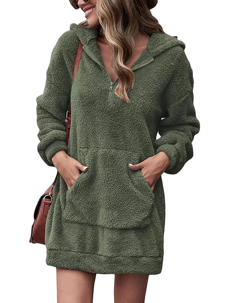 Winter Hooded Sweatshirt Women Fashion Streetwear Pocket Zipper Fleece Warm Pullovers Tops Female Oversized Long Hoodies Dress