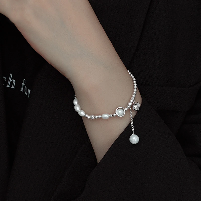 

Real 925 silver jewelry for women elastic band beaded bracelets for girls fashion pearl jewelry heart pendant Gift for girls