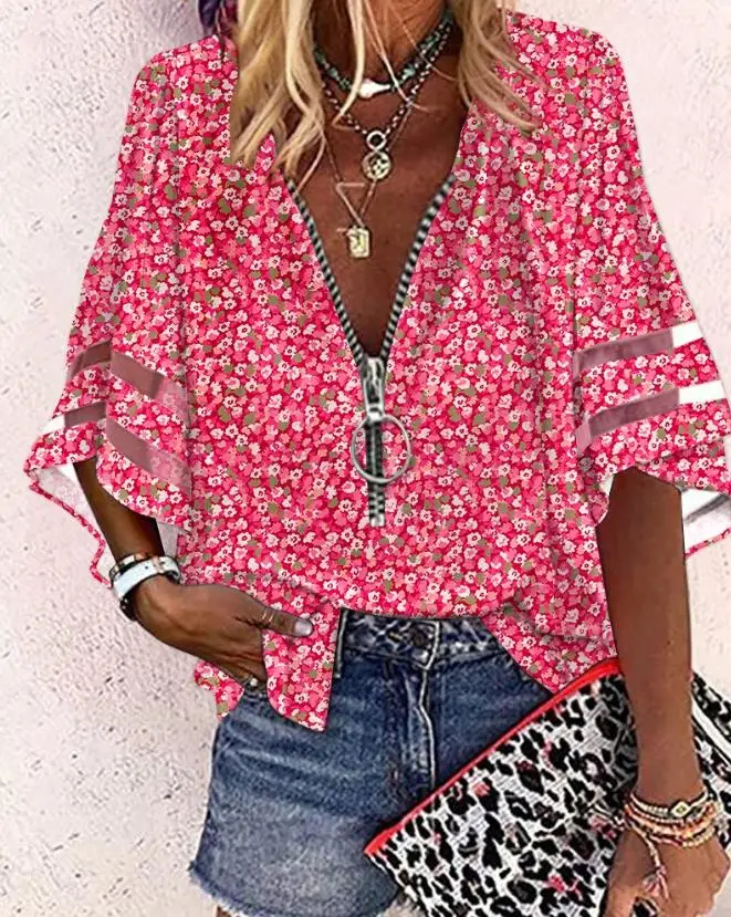 

Женский контрастный сетчатый топ на молнии спереди, летняя одежда, модные блузки для женщин, женская розовая футболка для отпуска с ярким цветочным принтом