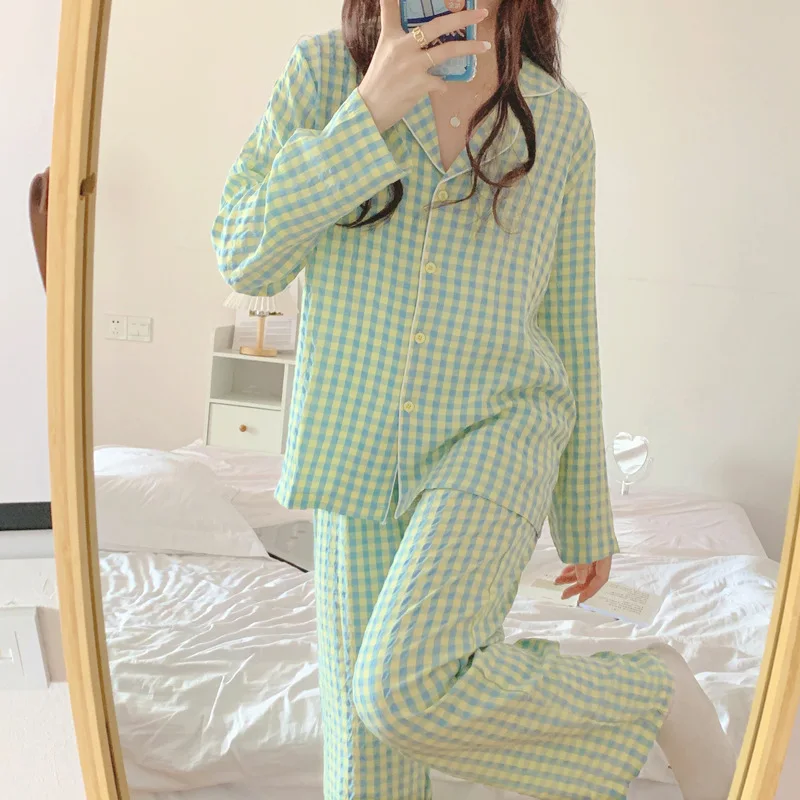 Yasuk Spring Autumn Fashion Women's Casual Solid Plaid Sleepwear Homewear Cute Pajamas Set With Pants Purple Soft Sweet Girl