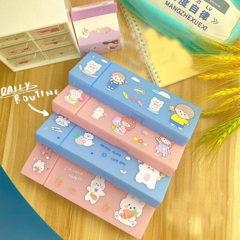 

Creative Cartoon Student Stationery Box Frosted Transparent Compartment Large Capacity Pencil Case Lovely Kid Gift School Supply