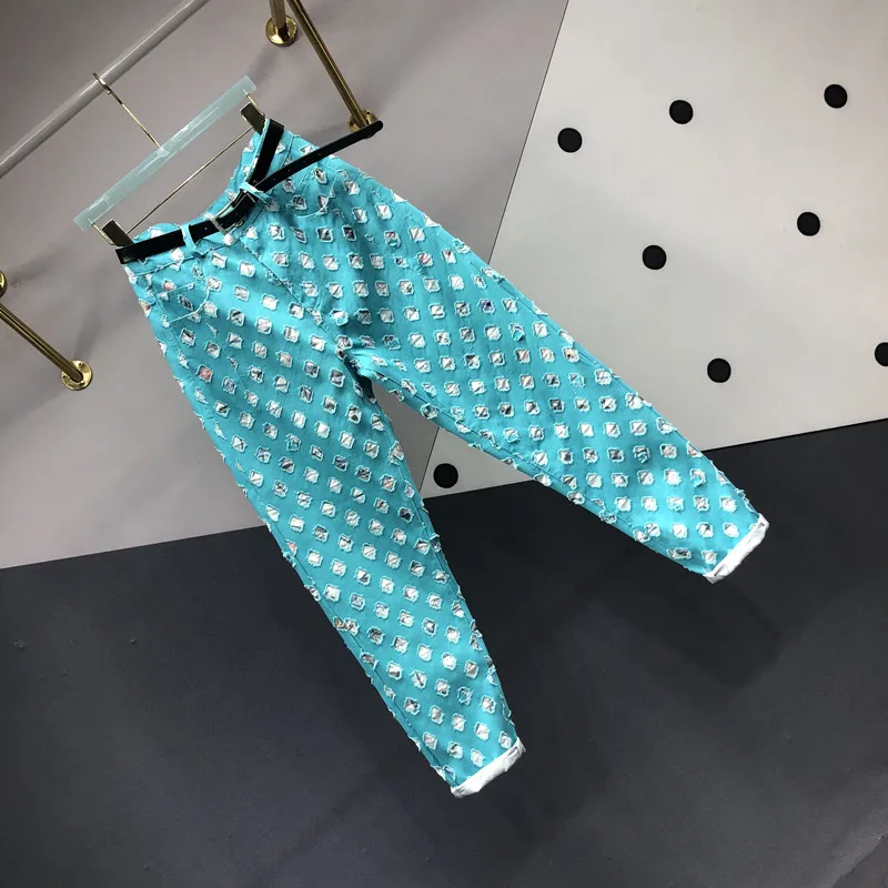 Sky Blue Hole Patch Jeans Women 2023 Spring Summer New Fashion High Waisted Jeans Slim Ankle-Tied Denim Harem Pants Streetwear
