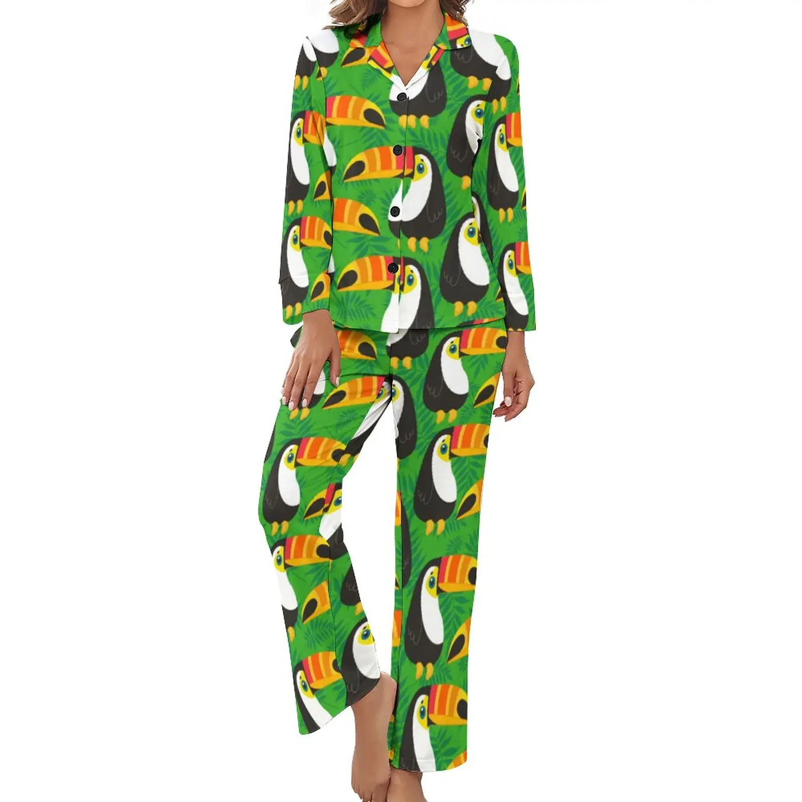 

Toucan Birds Pajamas Long Sleeve Green Leaves Tropical Two Piece Room Pajama Sets Spring Woman V Neck Elegant Sleepwear