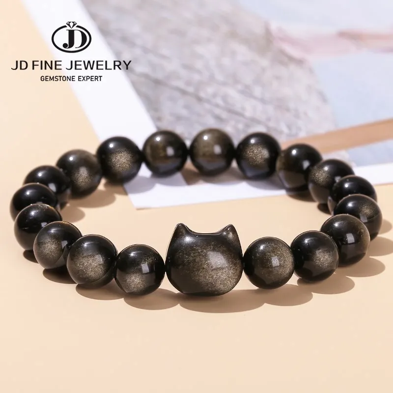 

JD 7A Natural Gold Silver Color Shiny Black Obsidian Bead Cat Head Strand Bracelets Women Men Charm Round Bead Energy Bracelet