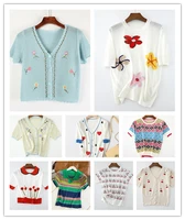 foreign trade original single summer retro wild sweet embroidery hollow knitted thin cardigan t shirt