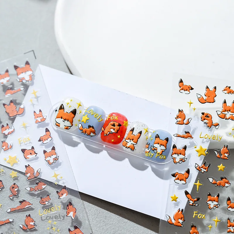 

Lovely Red Fox Cartoon Orange Cat White Dog Star 5D Soft Reliefs Self Adhesive Nail Art Stickers Cute 3D Nail Decoration Decals