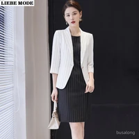 women professional pencil dress suit black white striped dress and blazer set 2 two piece sets 2022 spring summer office outfits