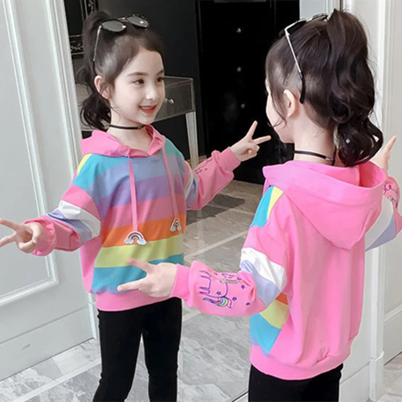 Girls' Hoodies Sweatshirts Jacket 2022 Rainbow Spring Autumn Top Thicken Pullover Fleece Tops Cotton Toddler Pullover Baby's Kid