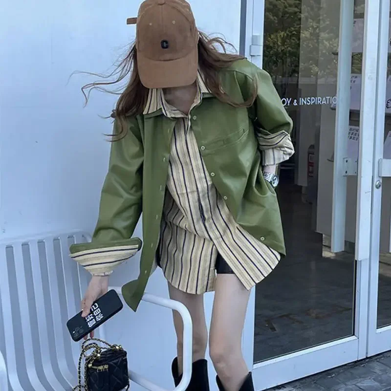 Куртка женская кожаная свободного покроя универсальная нишевая зеленая куртка с