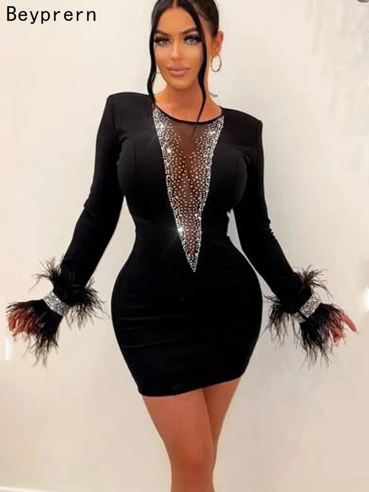 

Beyprern Beautiful Crystal Feather Detail Mini Dress Womens Sparkle Sheer Mesh Patchwork Sequins Party Dresses Christmas Outfits