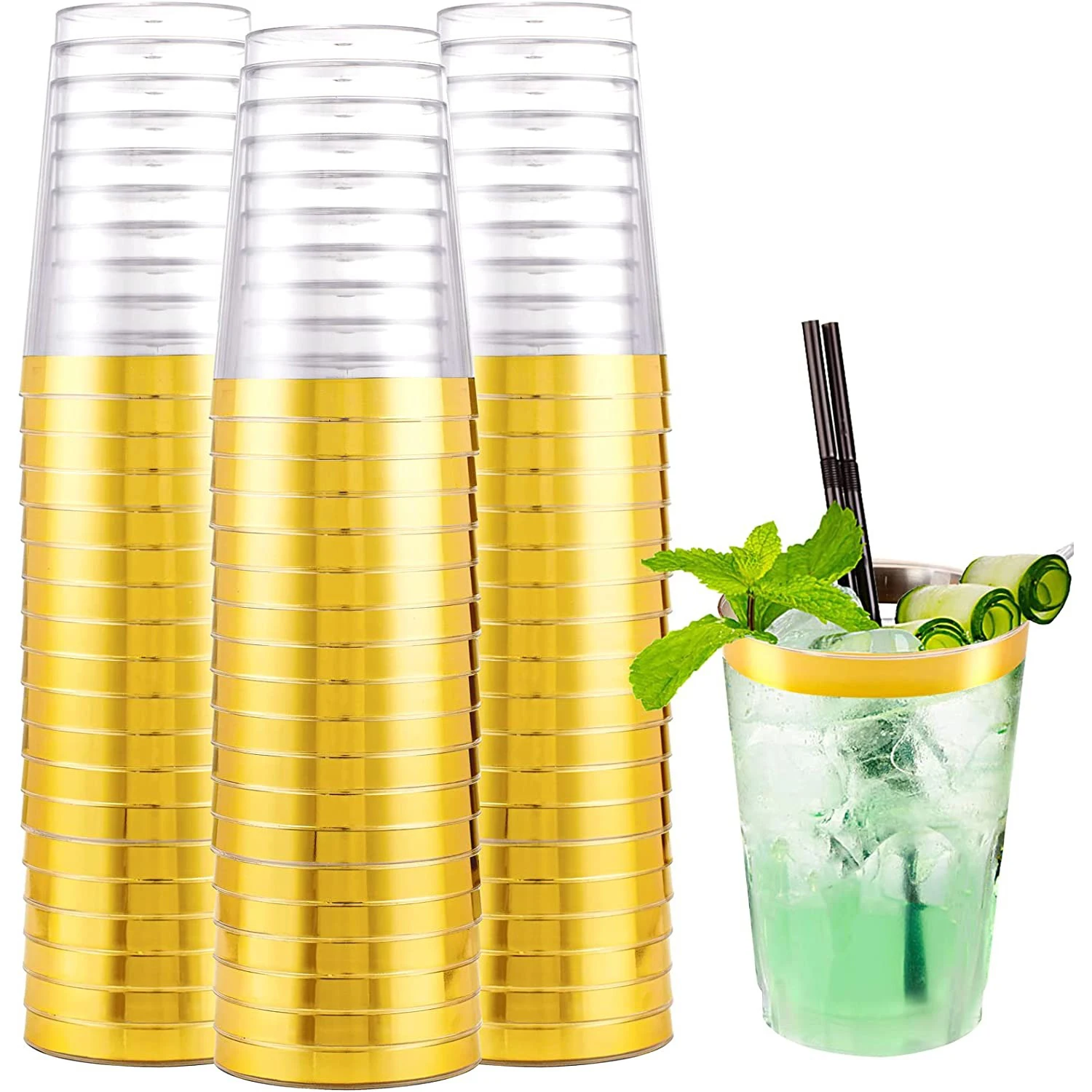 100pcs Gold Plastic Cups, 10 oz Fancy Crystal Clear Plastic Tumblers Gold Rim Cups Hard Wedding Cups Disposable Party Cups