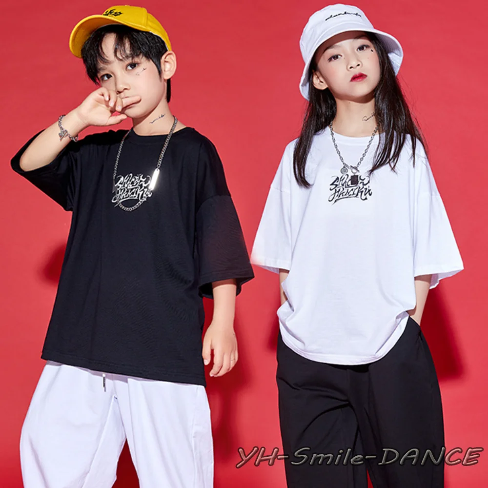 

Boys Girls Jazz Dancer Performance Modern Dancing Clothes Costume Hip Hop Girls Clothing Stage Dance Wear Tops Black HipHop Pant