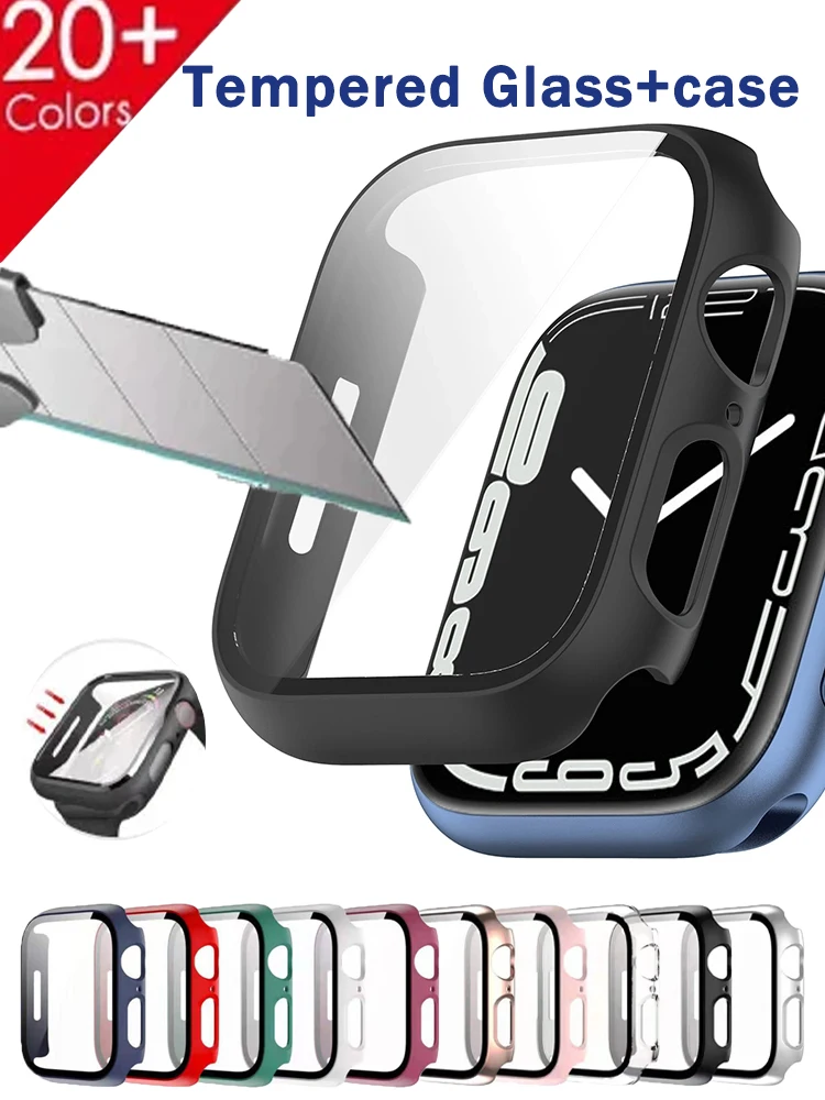 

Case for Apple Watch 7 8 45mm 41mm 44mm 40mm Screen Protector glass+Cover Straight Edge Bumper iWatch 4 5 SE 6 Accessories ultra