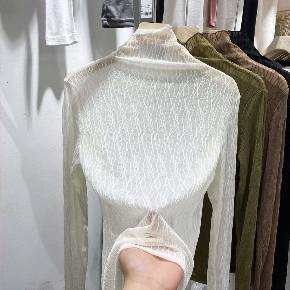 Сексуальная черная футболка с высоким воротником и длинным рукавом Женская