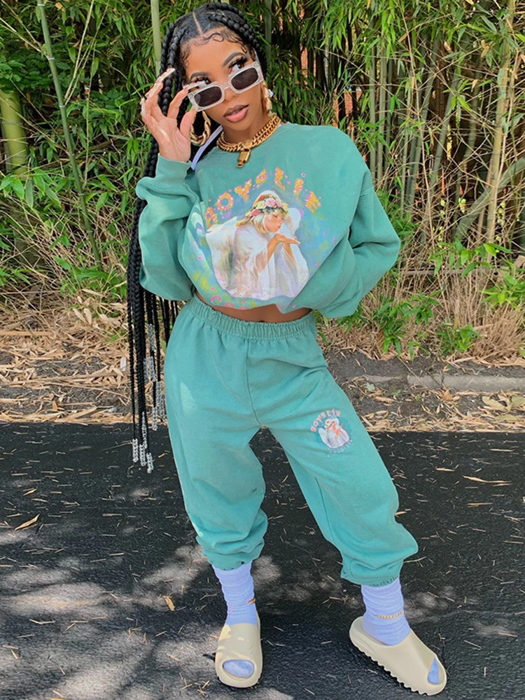 

Sifreyr Printed 2 Piece Sets Women Tracksuit Casual Long Sleeve Loose Pullover+Sweatpants Suits Streetwear Y2K Jogging Outfits