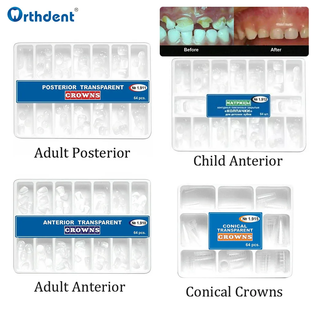 64 Pcs/Box Dental Teeth Crown Anterior Posterior Transparent Temporary Preformed Pre-crown Matrices Matrix Adult Kids Deciduous